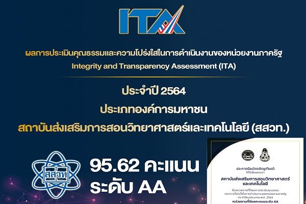 รูปประจำเรื่อง: สสวท. รับรางวัลประกาศนียบัตรเชิดชูเกียรติ จาก ITA “องค์กรคุณธรรมและความโปรงใสในการดำเนินงานของหน่วยงานภาครัฐ”
