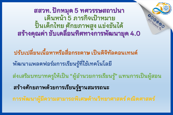 สสวท. ปักหมุด 5 ทศวรรษสถาปนา เดินหน้า       5 ภารกิจเป้าหมายปั้นเด็กไทย ศักยภาพสูง แข่งขันได้  สร้างคุณค่า ขับเคลื่อนทิศทางการพัฒนายุค 4.0