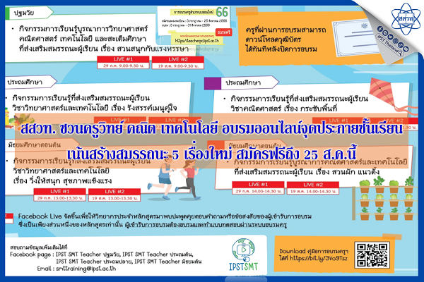 สสวท. ชวนครูวิทย์ คณิต เทคโนโลยี อบรมออนไลน์จุดประกายชั้นเรียน เน้นสร้างสมรรถนะ 5 เรื่องใหม่ สมัครฟรีถึง 25 ส.ค.นี้