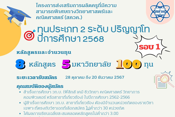 รูปประจำเรื่อง: อย่าพลาด ทุนโครงการ สควค. ประเภท 2 ระดับปริญญาโท