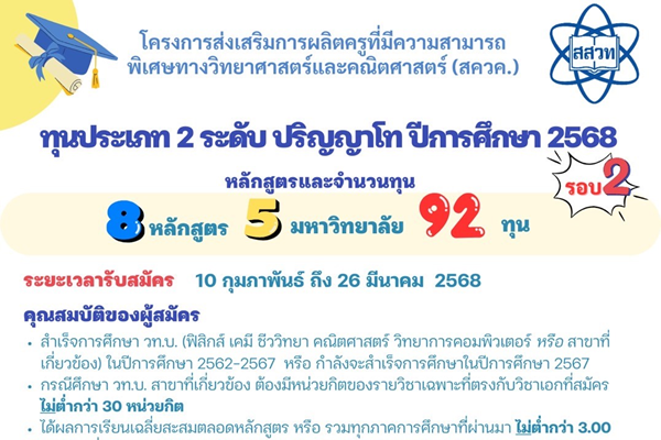 รูปประจำเรื่อง: สสวท. เปิดรับสมัครทุน สควค. ปั้นครูวิทย์ คณิตปริญญาโท สมัครได้ถึง 26 มี.ค.นี้